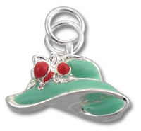 Green enamel hat charm with red flowers