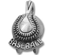 Silver baseball charm engraved 'BASEBALL' with seam