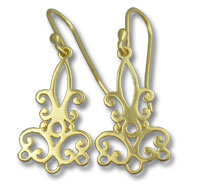 Gold filigree dangle earrings with scrollwork