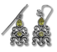 Silver filigree earrings with green gemstones