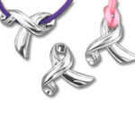 Silver awareness ribbon pendants on colored cords