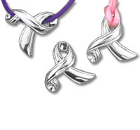 Silver awareness ribbon pendants on colored cords