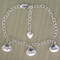 Silver charm bracelet with Hope Love Faith charms