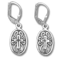 Pair of silver oval cross dangle earrings