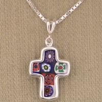 Silver cross pendant with colorful millefiori inlay