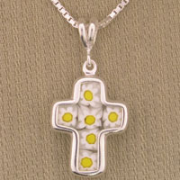 Silver cross pendant with yellow flowers