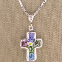 Colorful floral millefiori cross pendant necklace
