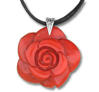 Red rose pendant on black cord necklace