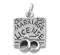Marriage license charm with two wedding rings