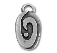 Silver oval pendant with question mark design