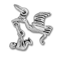 Silver stork charm carrying baby bundle