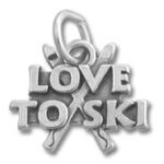 Silver pendant reading "Love to Ski" with crossed skis