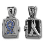 Two rectangular awareness ribbon pendants, blue and silver