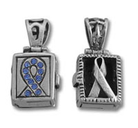Two rectangular awareness ribbon pendants, blue and silver