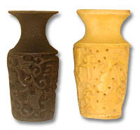Two carved ornamental vases, brown and yellow