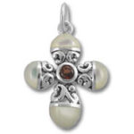 Silver ornate cross pendant with pearl and garnet