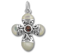 Silver ornate cross pendant with pearl and garnet