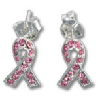 Pink ribbon stud earrings with pink rhinestones