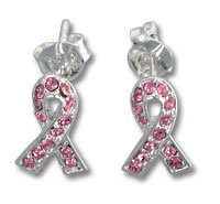 Pink ribbon stud earrings with pink rhinestones