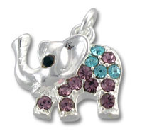 Silver elephant charm with purple and teal gems
