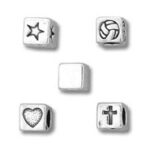 Silver cube beads with star, swirl, heart, cross