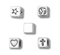 Silver cube beads with star, swirl, heart, cross