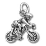 Silver cyclist on bicycle charm pendant