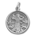 Round religious medal pendant showing saint with animals