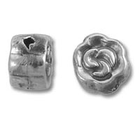 Two silver beads, square and flower-shaped