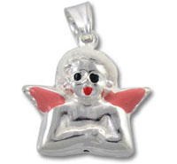 Silver angel pendant with red enamel wings