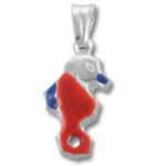 Silver seahorse pendant with red and blue enamel