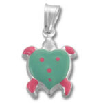 Green heart-shaped turtle pendant with pink accents