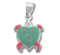 Green heart-shaped turtle pendant with pink accents