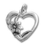 Silver heart-shaped pendant with flower
