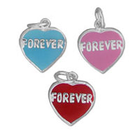 Three heart-shaped FOREVER charms in blue, pink, red