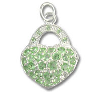 Silver heart padlock charm with green gemstones