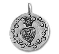 Round silver pendant with heart and floral motifs