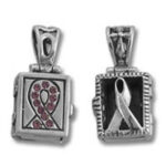 Two rectangular silver ribbon awareness pendants