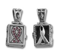 Two rectangular silver ribbon awareness pendants