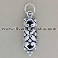 Ornate silver filigree cylinder pendant charm