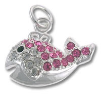 Silver fish charm with pink and clear rhinestones