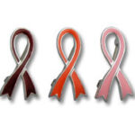 Three awareness ribbons in maroon, orange, pink