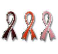 Three awareness ribbons in maroon, orange, pink