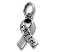 Silver ribbon charm engraved with "FAITH