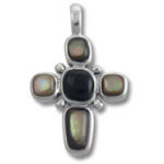 Silver cross pendant with dark center, iridescent stones