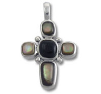 Silver cross pendant with dark center, iridescent stones