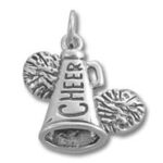 Silver cheer megaphone charm with pom-poms
