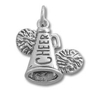 Silver cheer megaphone charm with pom-poms