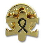 Gold lapel pin with black awareness ribbon