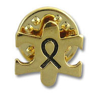 Gold lapel pin with black awareness ribbon